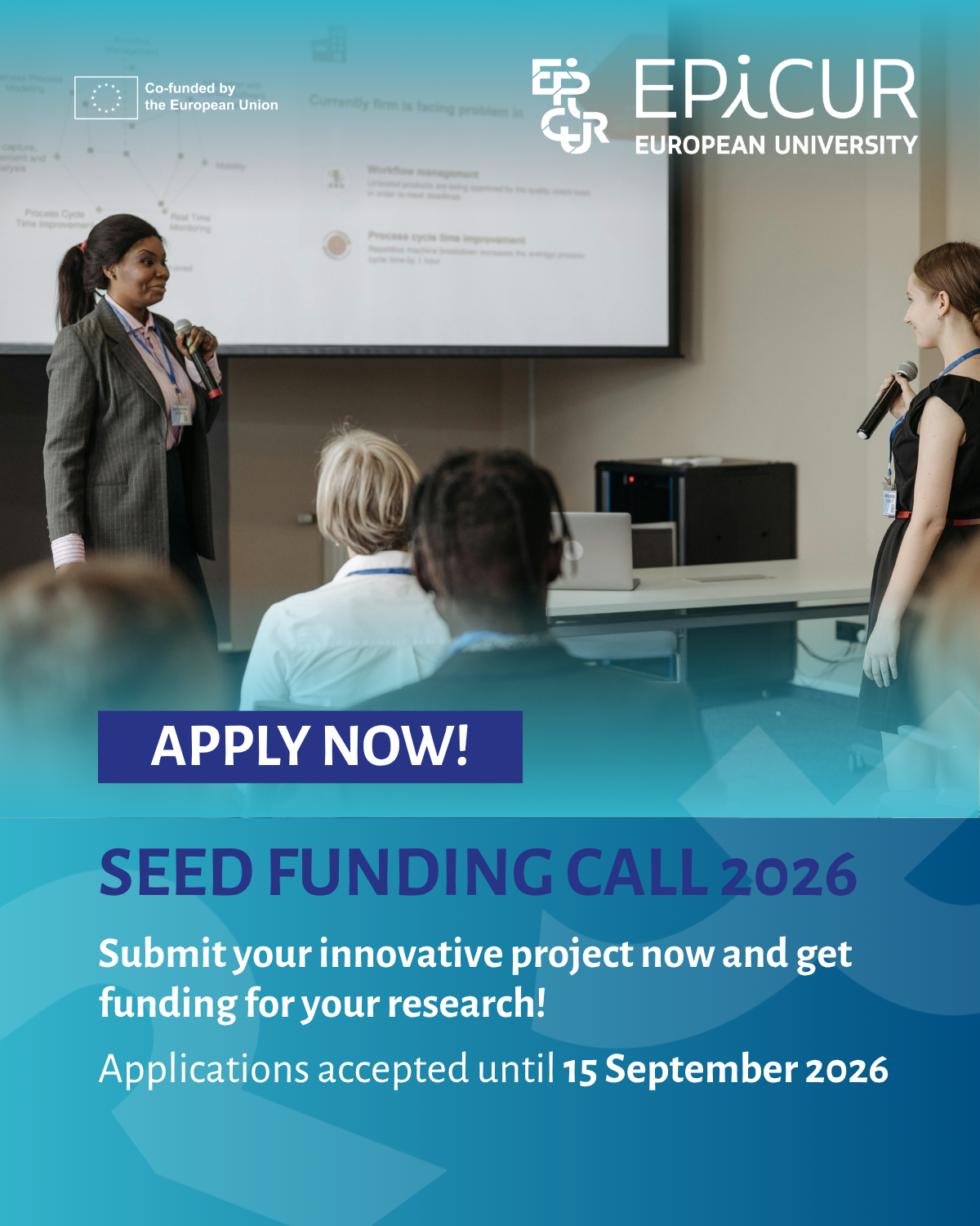Werbeanzeige der EPICUR European University für den „Seed Funding Call 2026“ mit zwei Sprecherinnen.