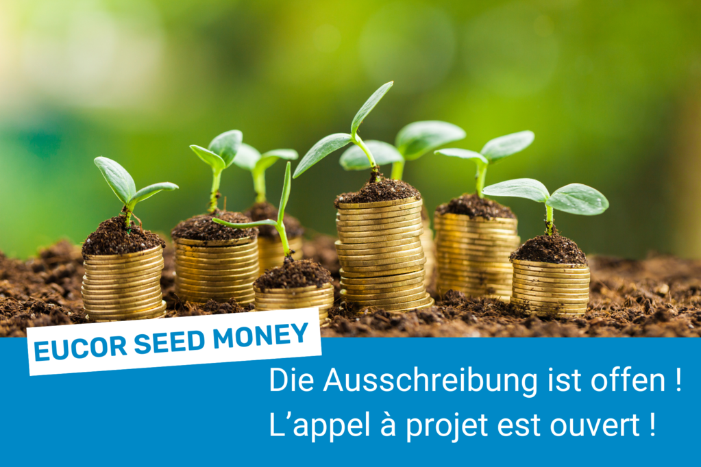Junge Pflanzen sprießen aus Münzstapeln; EUCOR Seed Money Ausschreibung eröffnet.