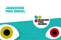 Jahrespass für Museumsbesuche, stilisierte Augen, zweisprachiger Text.