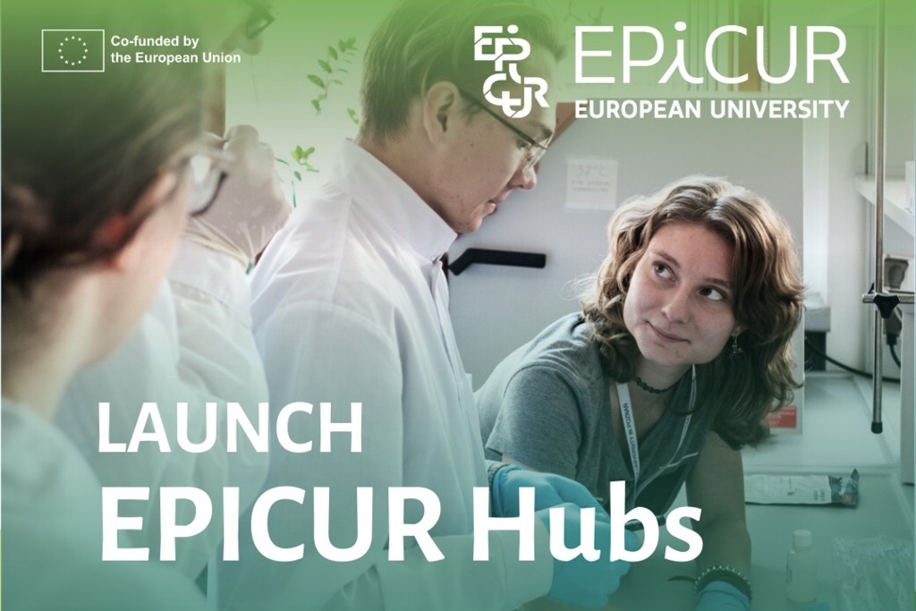 Personen im Labor bei EPICUR European University, mit Text "Launch EPICUR Hubs".