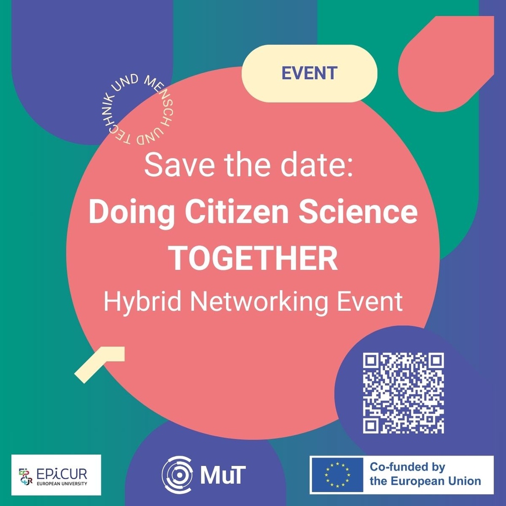 Farbiges Event-Poster mit Großschrift: Save the date – Doing Citizen Science TOGETHER, Hybrid Networking Event.