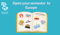 Grafik der Epicur European University mit aufgeschlagenem Notizbuch voller europäischer Städtesticker.