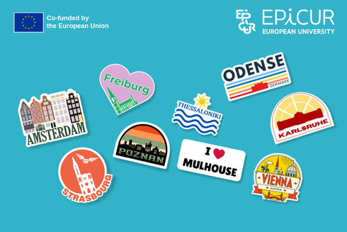 Blauer Hintergrund mit verschiedenen Stickern