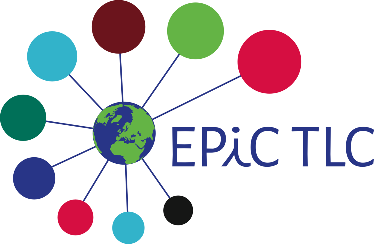 Weltkugel mit farbigen Kreisen und Linien rechts neben dem Text "EPiC TLC".