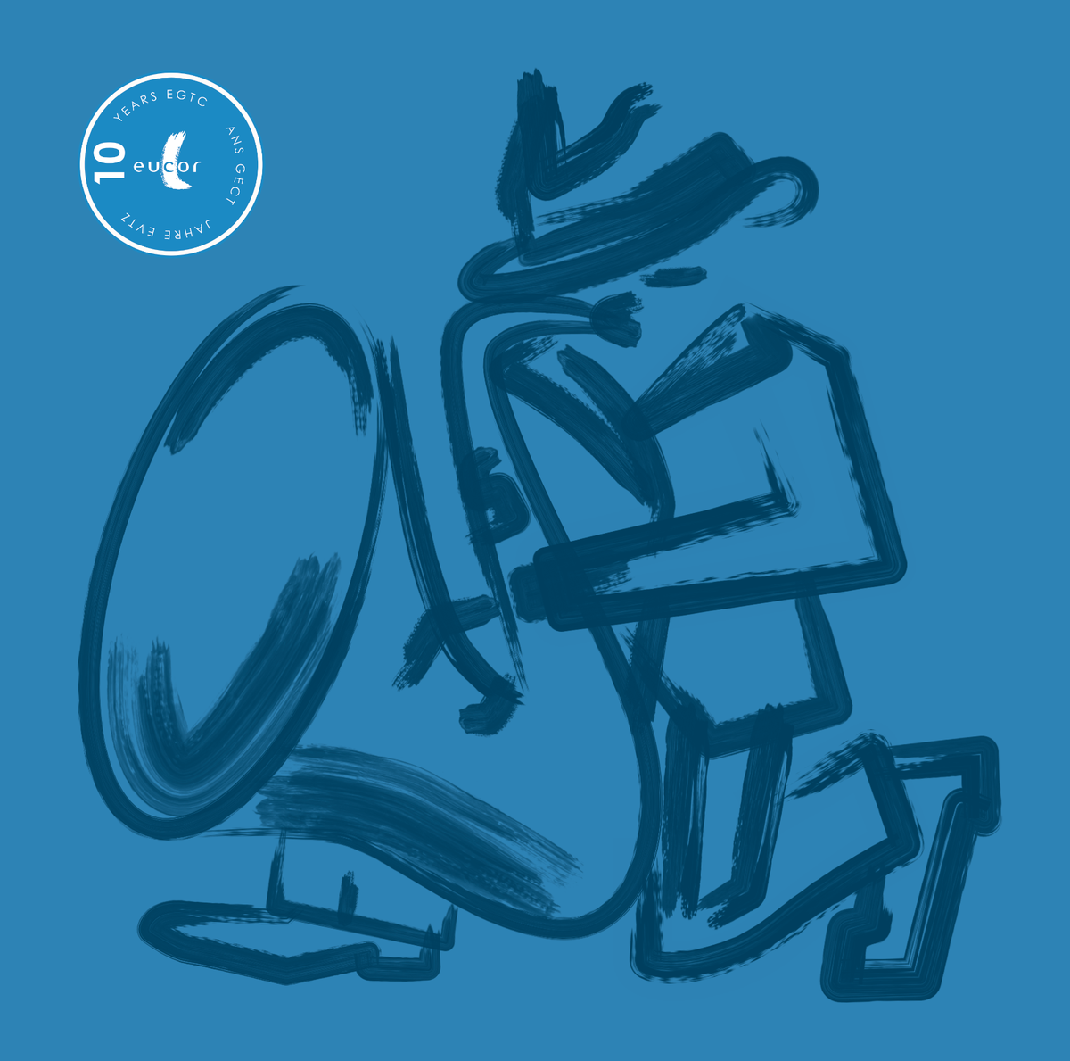 Abstrakte Illustration einer Person mit einem großen Horn auf blauem Hintergrund.
