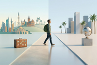 Reisender mit Rucksack auf geteilter Brücke zwischen Kirchtürmen und moderner Skyline, Globus sichtbar.