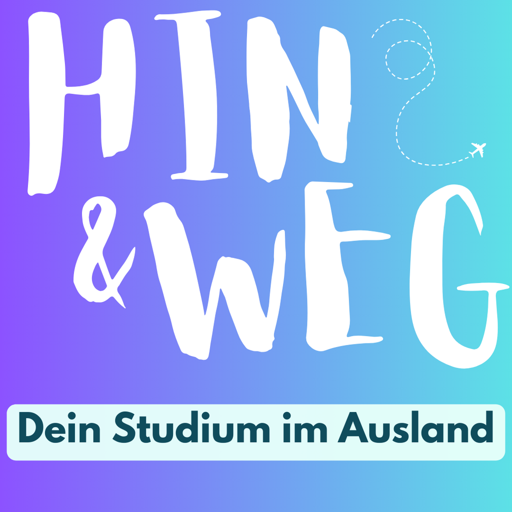 Logo mit Schriftzug "Hin & Weg" und Slogan "Dein Studium im Ausland" auf blauem Hintergrund.