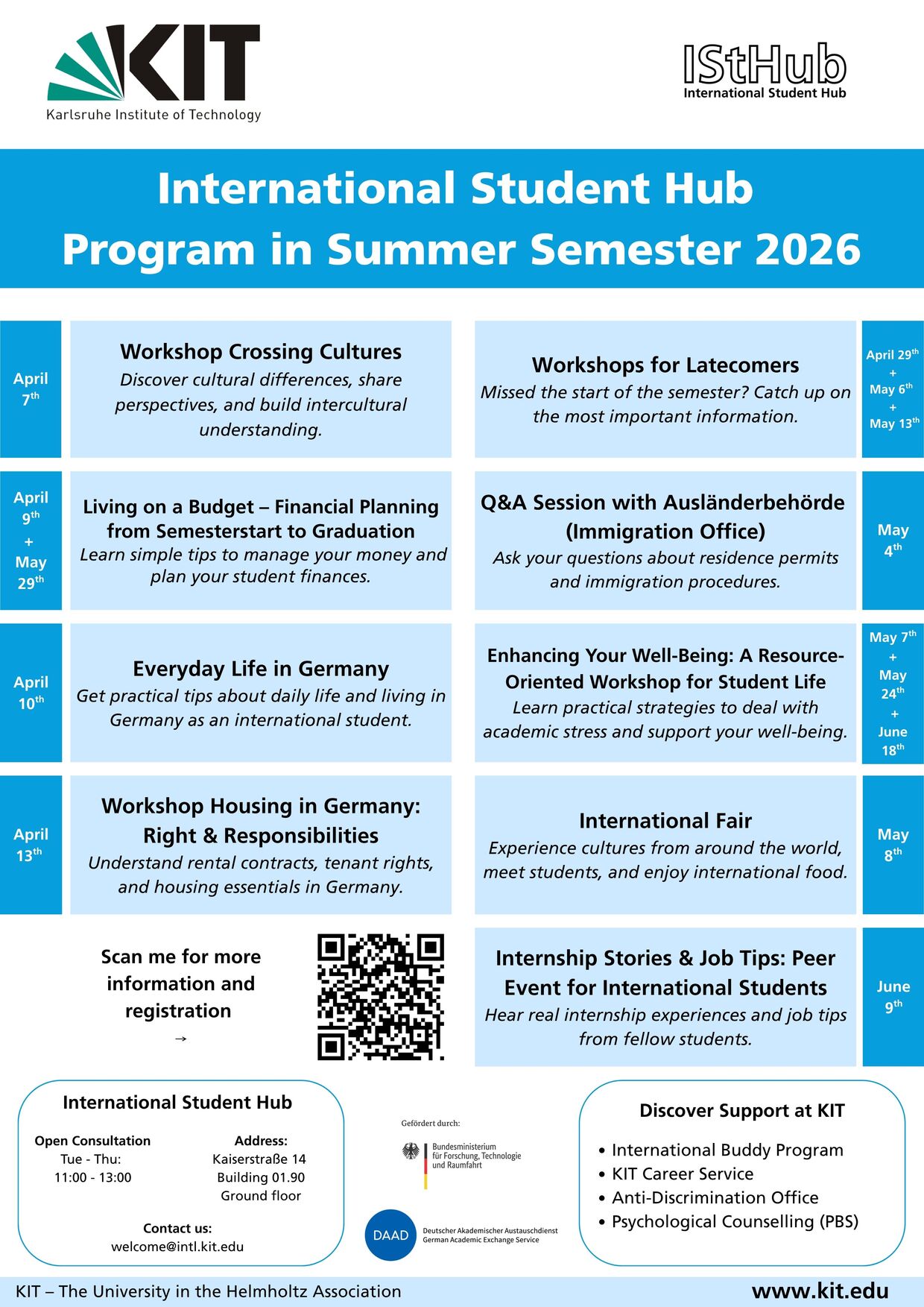 International Student Hub Poster mit Terminen und Workshops am KIT, IStHub-Logo, QR-Code.