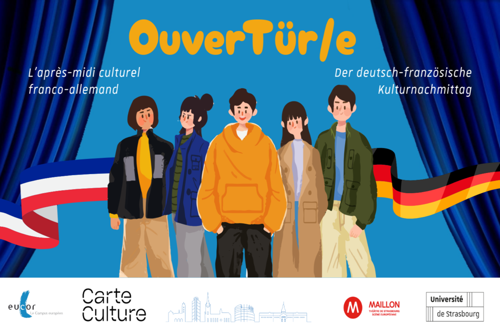 Illustration von fünf Personen vor französischer und deutscher Flagge beim deutsch-französischen Kulturnachmittag.