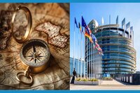 Links Kompass auf alter Karte, rechts EU-Gebäude mit Flaggen.