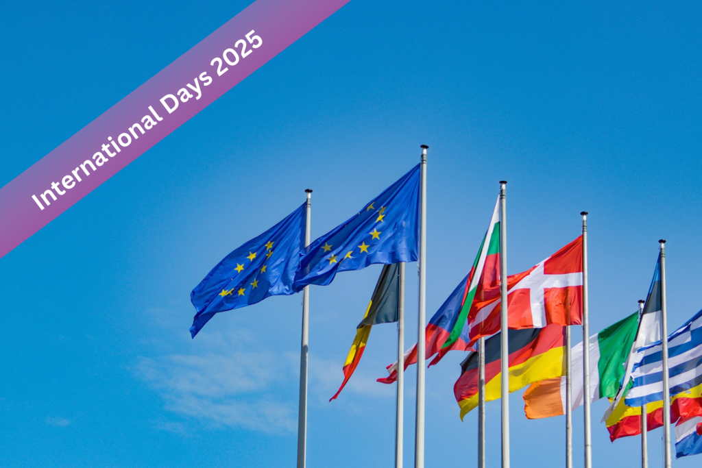 Verschiedene Flaggen, Banner mit Text "International Days 2025)